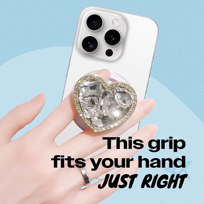 OnTheGrip Cute Cubic Diamond Heart Shape Design Collapsible Expandible Mobile Phone Grip Stand Holder for Smartphone Tablet Cell Phone Accessory (Silver Small)