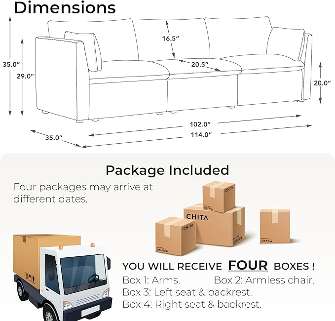 CHITA Luxury Oversized Sectional Modular Sofa, Premium Down Filled Cloud Couch, FSC Certified Comfty Deep Seat Sectional for Living Room, 3 Seat, 114‘’ Width, Snow