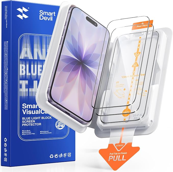 SMARTDEVIL 3 Pack Tempered Glass for iPhone 17 Screen Protector Anti Blue Light Eye Protection SGS Military-Grade Shatterproof Fast &amp Easy Installation Case Friendly Design