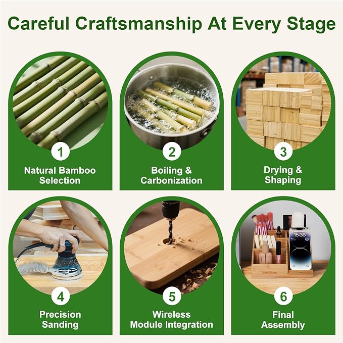 Bamboo Pen Holder for Desk &amp Nightstand Organizer with Fast Wireless Charging for iPhone Samsung &amp More – Office Desk Accessories for Men/Women (Bamboo)