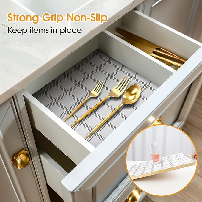 Shelf and Drawer Liner for Kitchen Cabinets Non-Adhesive, Strong Grip Non-Slip Thickened Cabinet Liners for Shelves, Waterproof Mats for Dresser Cupboard, White Square, 23 in x 30 Feet