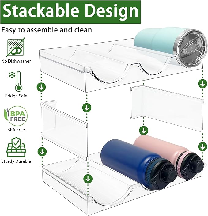 4 Pack Water Bottle Organizer, Stackable Kitchen Pantry Organization and Storage Shelf, Plastic Bottle Holder for Fridge Kitchen Cabinet Organizer and Storage, Tumbler Mug Cup Organizer