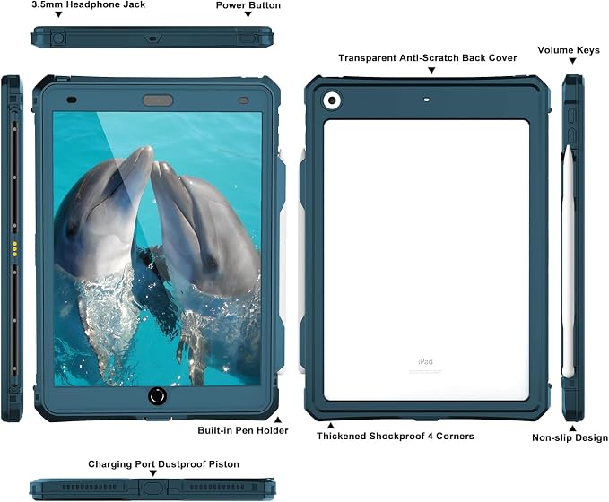 10.2 Waterproof Case Compatible with iPad 9th 8th 7th Generation 2021/2020/2019 Built-in Screen Protector with Strap Stand Pencil Holder Full Body Heavy Duty Protective Shockproof