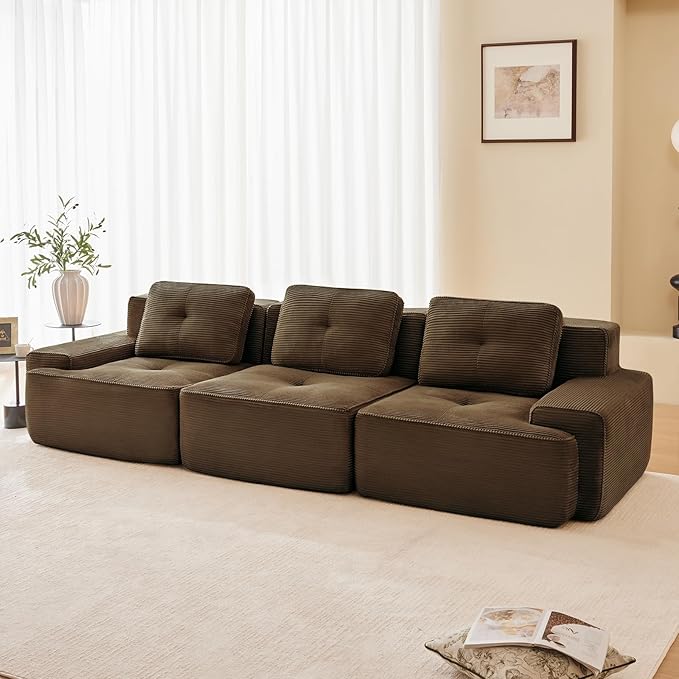 115" Modern Compressed Boneless Couch, 3 Seater Sectional Couches for Living Room, Brown Corduroy Cloud Modular Sectional Sofa, Comfy Memory Foam, Extra Deep, Sofas para Sala, No Assembly