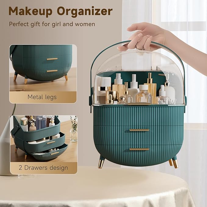 Makeup Organizers, Make Up Organizers for Vanity, Countertop Cosmetic Storage with Drawers and Transparent Cover for Bedroom Bathroom (Green)