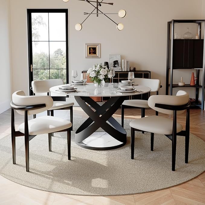 POVISON 51" Modern Dining Table, Glossy White Round Dining Table for 6, Sintered Stone Dining Tabletop with Black X Carbon Steel Base (Table Only)