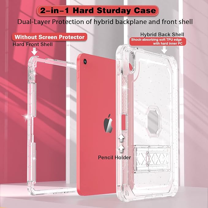 ZoneFoker Case for iPad 11-inch (A16) 2025 / iPad 10th Gen 10.9 inch 2022 Heavy Duty Shockproof Rugged Protective with Pencil Holder 11th / 10th Translucent Cover with Kickstand