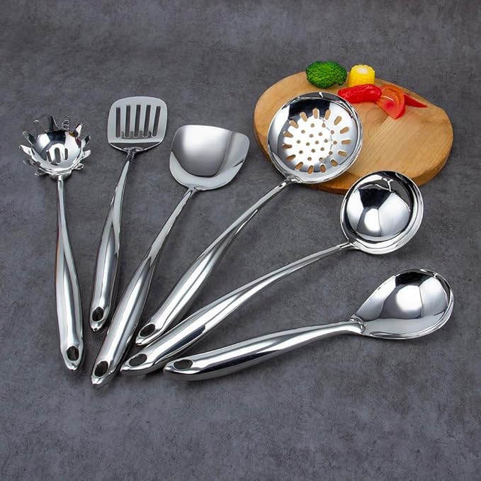VALESKA 6PCS Stainless Steel Cooking Utensils Set,Metal Kitchen Utensils Set, Include Wok Spatula Stainless Steel,Metal Pasta Spoon and etc,Easy to Clean