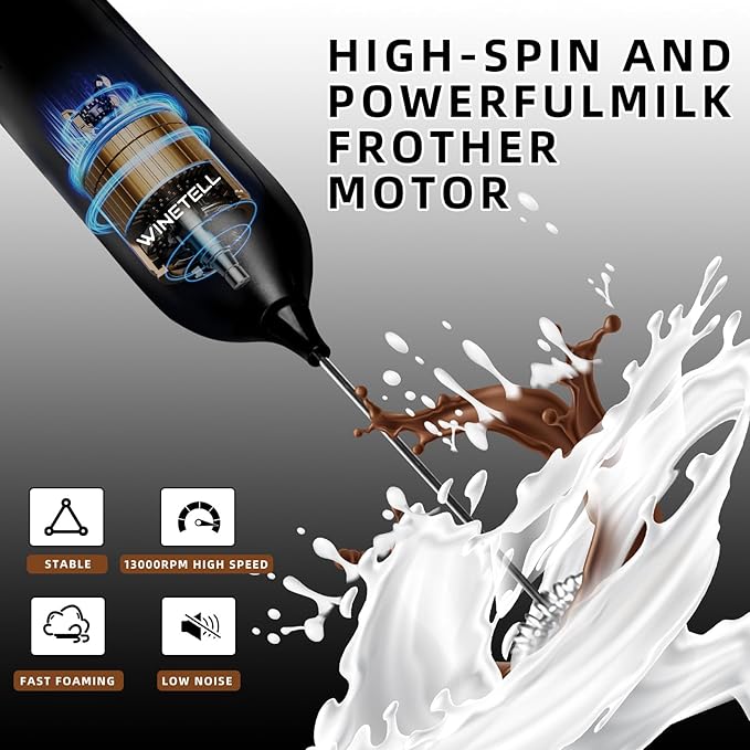 WINETELL Handheld Electric Milk Frother, USB C Rechargeable Charging Stand