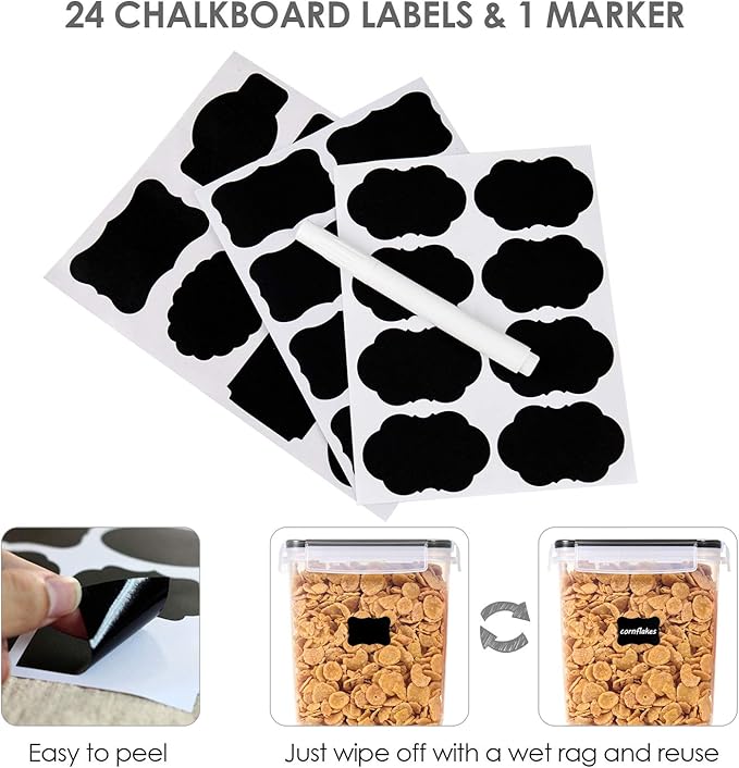 Vtopmart Food Storage Containers 3.3 quart / 3.6L, 4 Pieces BPA Free Plastic Airtight Canister for Flour, Sugar, Baking Supplies, with 4 Measuring Cups and 24 Labels,Black
