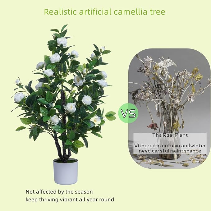 Artificial Camellia Tree 35in Faux Floral Plant with Red Flowers and Green Leaves - No Maintenance Indoor Outdoor Office Home Porch Decor Housewarming Gift(1 Pack - RED)