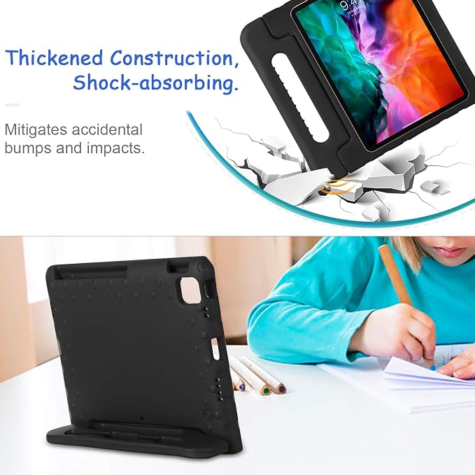 Kids Case for iPad Pro 11 M5/M4 &amp iPad Air 11 (2026/2025/2024) Shockproof Case with Pencil Holder Techcircle Light EVA Foam Handle Stand Bumper Protective Child Friendly Drop Proof Cover Black