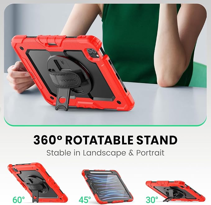 SEYMAC Case for iPad Pro 11 4th/3rd/2nd/1st Gen 2022-2018 Black | Full-Body Shockproof Protective Built-in Screen Protector 360° Rotating Stand Hand/Shoulder Strap Pencil holder
