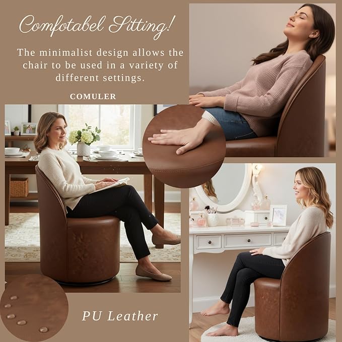 Modern Barrel Chair Swivel Base Cognac PU Leather Accent Chair 360°Rotating Vanity Chair Mid-Century Dining Side Chair Kitchen Chair for Living Room, Bedroom, Home, Office, Kitchen(Brown)