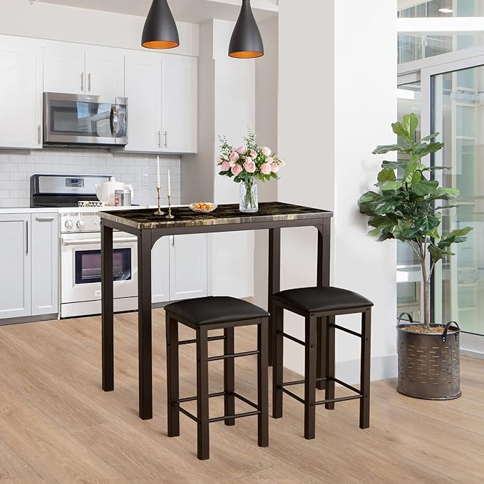VECELO Dining Table Set with 2 Stools,3 Piece Counter Height for Kitchen, Living Room, Small Apartment