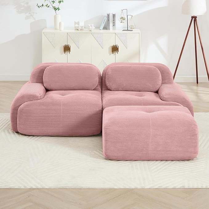 80" Modern Corduroy Boneless Love Seat Couches with 1 Ottoman, 2 Seater Large Sectional Couches for Living Room, Pink Cloud Modular Sectional Sofa, Memory Foam, Extra Deep Loveseat, No Assembly