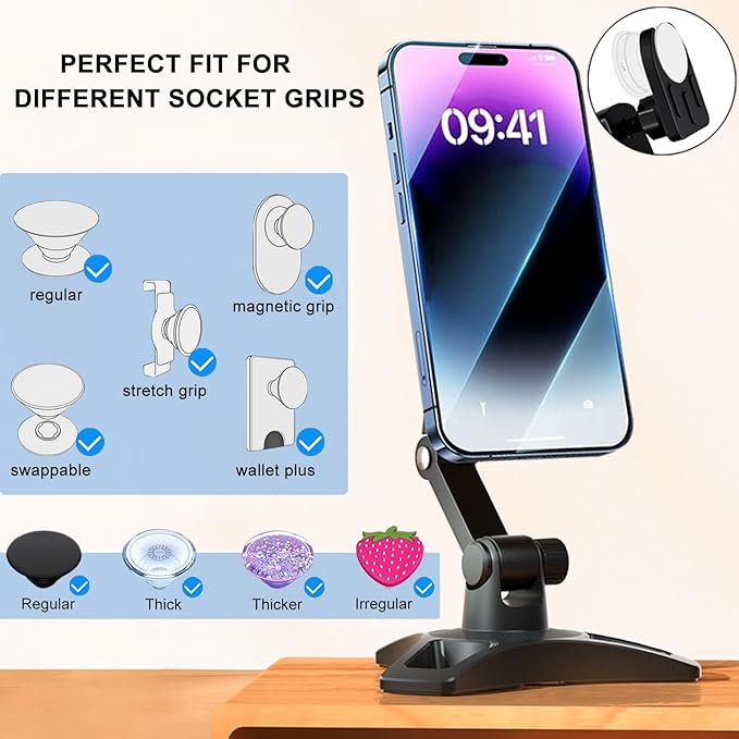 Cell Phone Stand Works for Popsocket Height Angle Adjustable Desk Phone Holder Heavy Duty Phone Stand for Desk for Home Fits for All Sockets Grips
