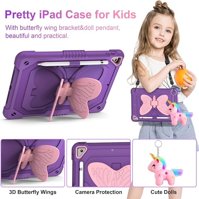 VOFUOE for iPad 9th 8th 7th Generation Case with Screen Protector Butterfly Stand Shoulder Strap Keychain Pencil Holder for iPad 10.2 Hard Cover Kids Girls for iPad 9th/8th/7th(2021/2020/2019)-Purple