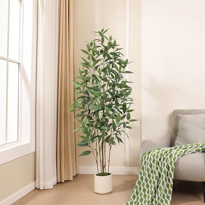 Artificial Eucalyptus Tree，5FT UV Resistant Fake Outdoor Plants,Artificial Plants Indoor with White Planter,Silk Leaves,Faux Tree for Home Decor Floor Porch Liveing Room