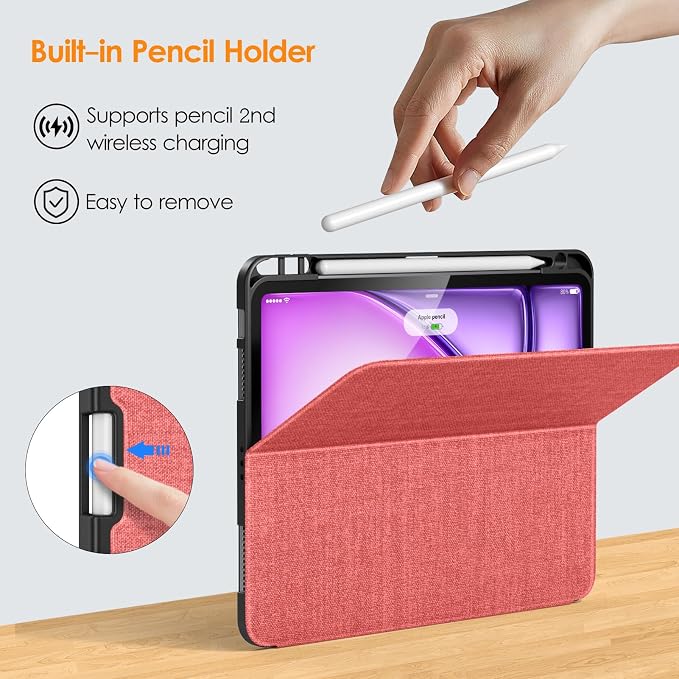 DTTO for Air 11 Inch Case M4 / M3 / M2 (2026/2025/2024) Pink | Soft Smart Cover for iPad Air 5th / 4th Gen with Pencil Holder Anti Slip Texture Auto Wake/Sleep