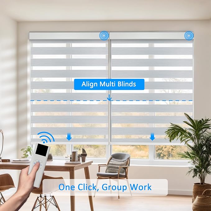 COOLWINDS Motorized Zebra Blinds for Windows Cordless Electric Curtains with Remote Control Blackout Shades Custom Smart Blinds Compatible with Alexa Google Home(95% Blackout Grey,W23 X 72in)