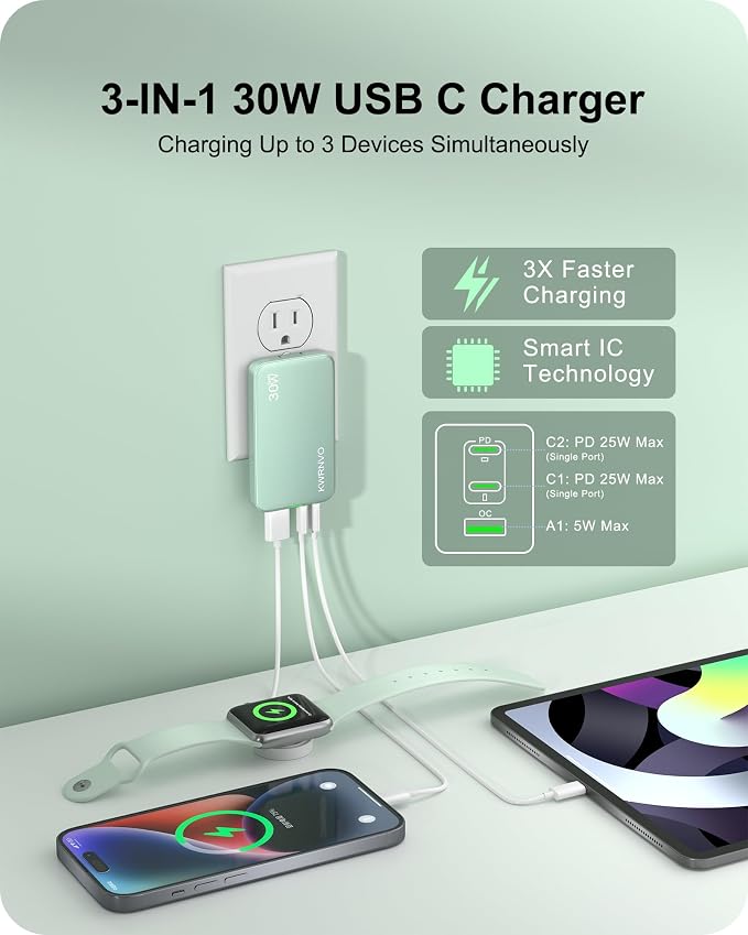 Flat USB Wall Charger 3 Ports Ultra-Slim Fast Wall Charger for Pixelbook iPad Pro iPhone 17/16/15/14 Black