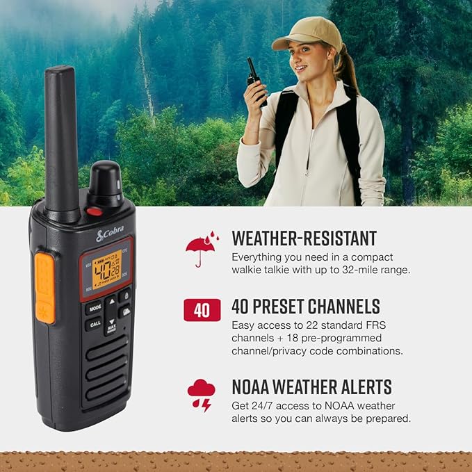Cobra RX380 2-Pack Walkie Talkies & Compatible Cobra GA-SV01 2P Surveillance Headset Microphones: Rechargeable, 40 Preset Channels, Long Range 32-Mile Two-Way Radio Set, Black
