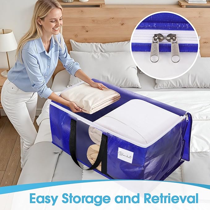 BlissTotes 10 Pack Moving Bags with Clear Window, Storage Bags with Strong Carrying Handles & Zippers,Large Packing Bags for Saving Space, Alternative to Moving Boxes(Blue,33 Gallon)