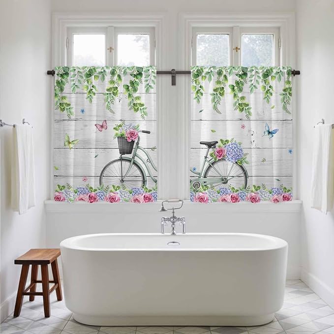 Spring Kitchen Curtains, Bicycles Botanical Rose Leaves Butterfly Wood Grain