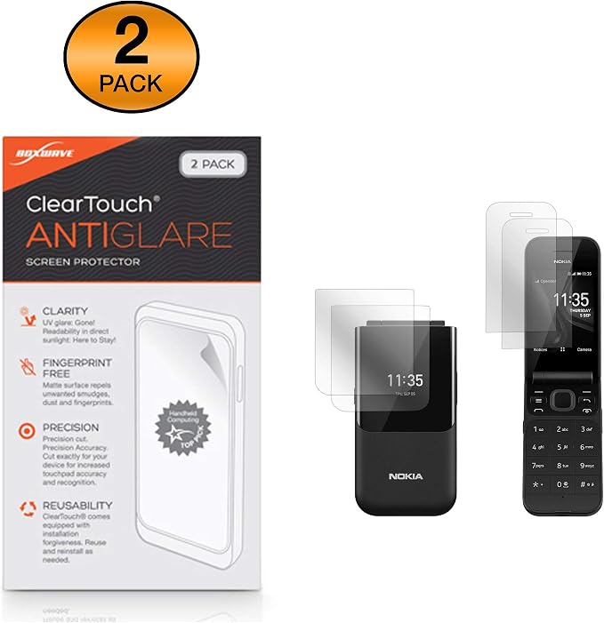 BoxWave Screen Protector Compatible with Nokia 2720 Flip - ClearTouch Anti-Glare (2-Pack) Anti-Fingerprint Matte Film Skin