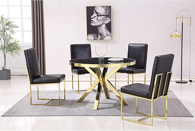 AUZ Dining Chairs Set of 4, Black Faux Leather Upholstered Dining Room Chairs with Polished Gold Stainless Steel Sled Legs