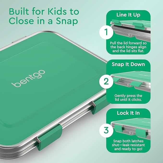 Bentgo Kids Stainless Steel Leak-Resistant Lunch Box - 3-Compartments with Bonus Silicone Container, Durable, Eco-Friendly, Dishwasher Safe, BPA-Free, Ideal for School, Ages 3+ (Green)