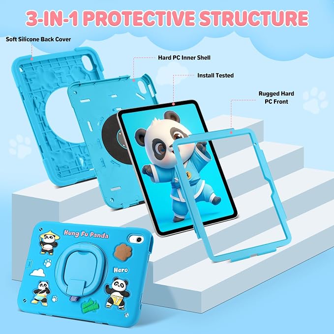 Case for iPad A16 11th Generation 11 Inch 2025 iPad 10th Generation 10.9 Inch 2022 Silicone 3D Panda Design Kids Case Heavy Duty Protection with Kickstand/Pencil Holder/Strap