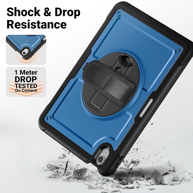 SCSVPN Kids Case for iPad Air 11 Inch M4 2026 / M3 2025 / M2 2024 Heavy Duty Shockproof Silicone Protective Case with Pencil Holder-Screen Protector-Rotating Stand-Handle-Shoulder Strap (Blue+Red)