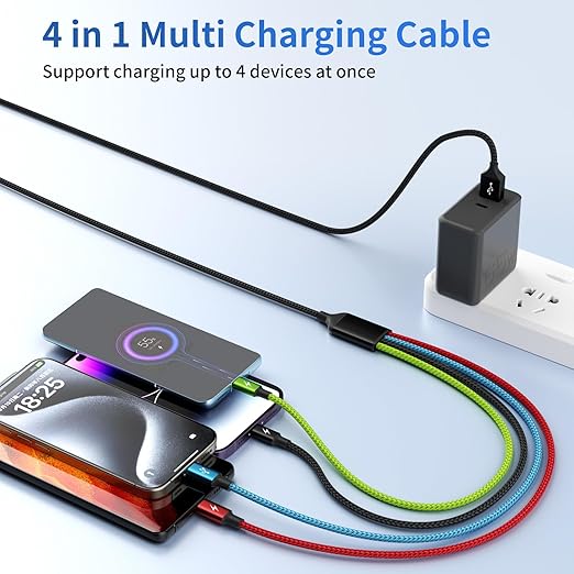 4 in 1 Multi Charging Cable 2 Pack 6FT Charging Cords for Devices | Nylon Braided USB C Car Charger Cable with Dual USB-C IP &amp Micro Ports Long Travel Charging Cord for Cars