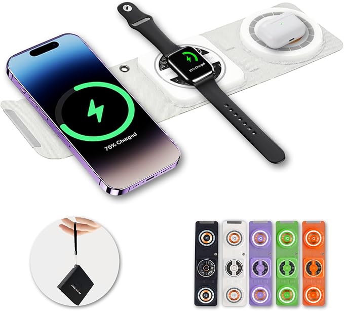 Fold 'N Style 3-in-1 Foldable Magnetic Wireless Charger Keychain 15W Travel Fast Charger for iPhone 15/14/13/12 Pro/Max/Plus Apple Watch AirPods Samsung Galaxy/Note Charge 2 Phones Simultaneously