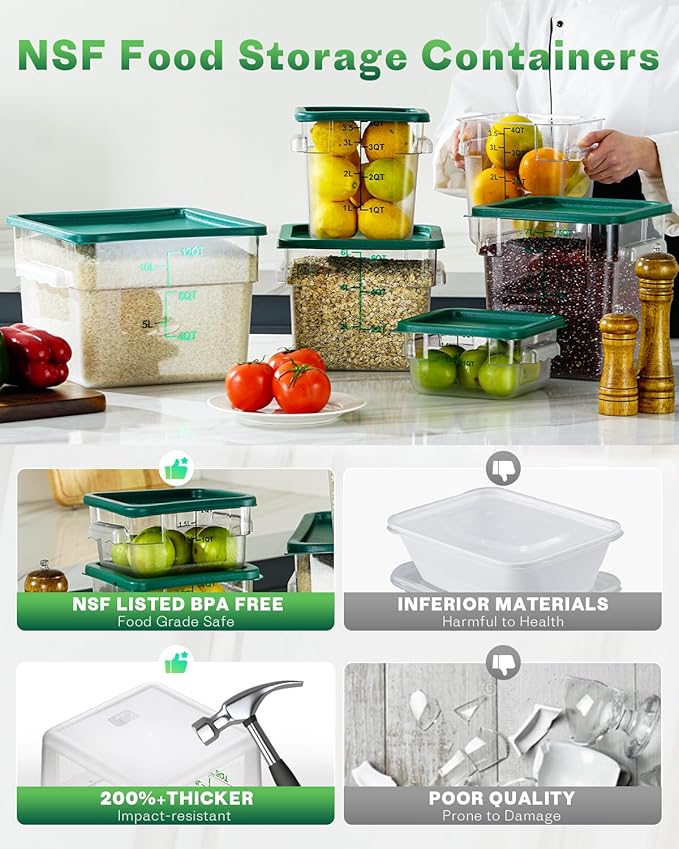 2QT&4QT NSF Food Storage Containers: 8 PCS[Food Grade] [Hot&Cold Resistant] Commercial Clear Square Food Storage Containers with Scales Handles for Home Restaurant Kitchen(BPA FREE)