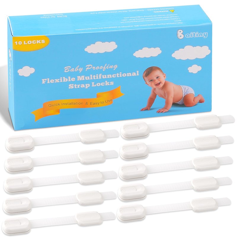 Baby Safety Strap Locks 10 Pack - Cabinet Locks Baby Proofing for Baby Proofing Cabinets & Drawers, Child Proof Cabinet Locks, Fridge Lock & Oven Lock Child Safety, Adjustable No Drill, White