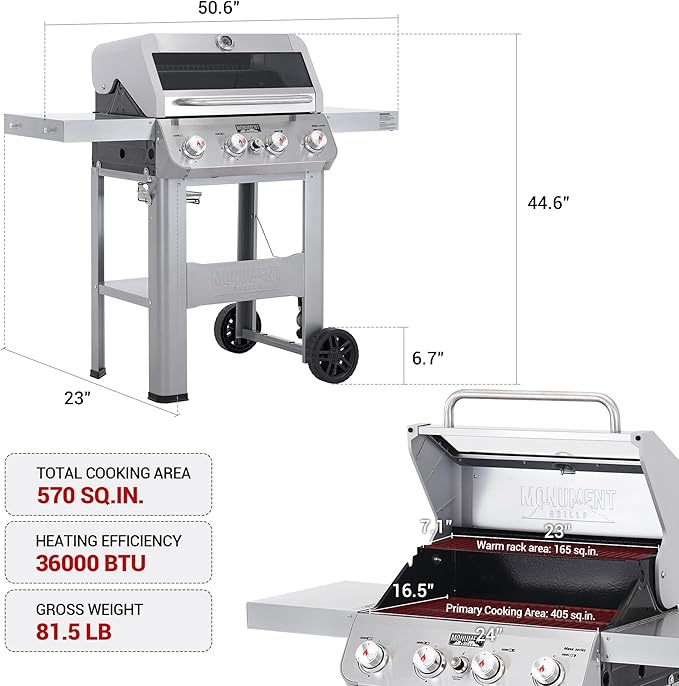Monument Grills 4-Burner Liquid Propane Gas Grill, Silver Stainless Steel Grill Patio Garden Barbecue Grill with Clearview® Lid and One Foldable Shelf, Mesa400MF with BBQ Cover