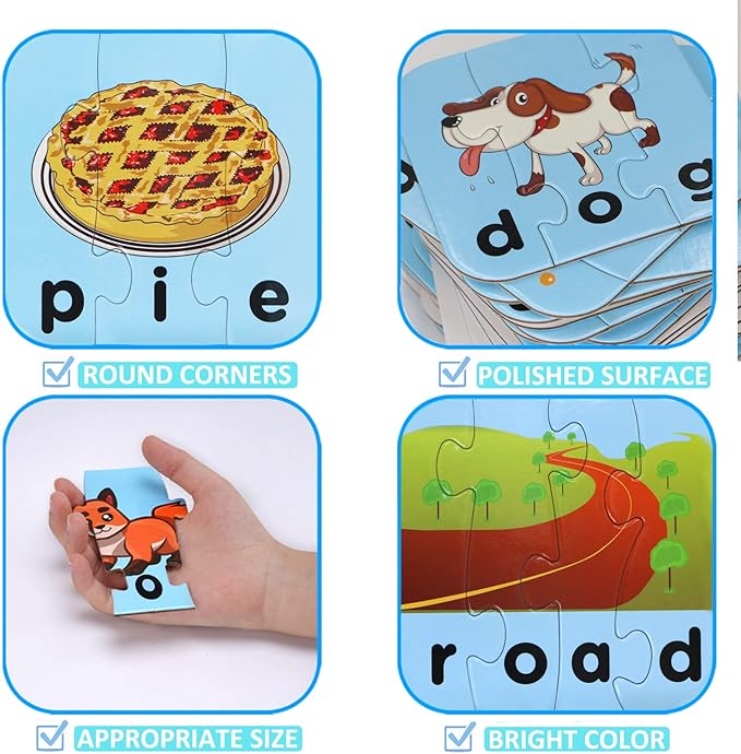 80 Words Self-Correcting Spelling Puzzles, Double-Sided Three and Four Letter Words with Matching Images, Perfect for Kids Age 3+ Year Old
