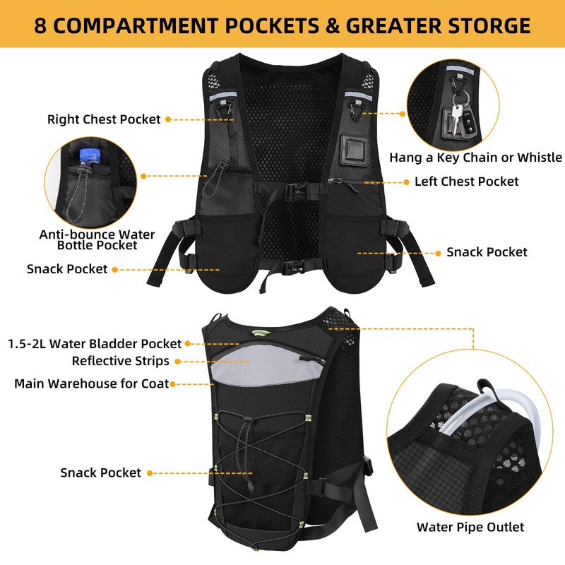 PELLOR Running Vest, Lightweight Hydrated Vest Pack with Multi Pockets, Adjustable Chest Straps Running Hydration Backpack for Running Cycling Hiking