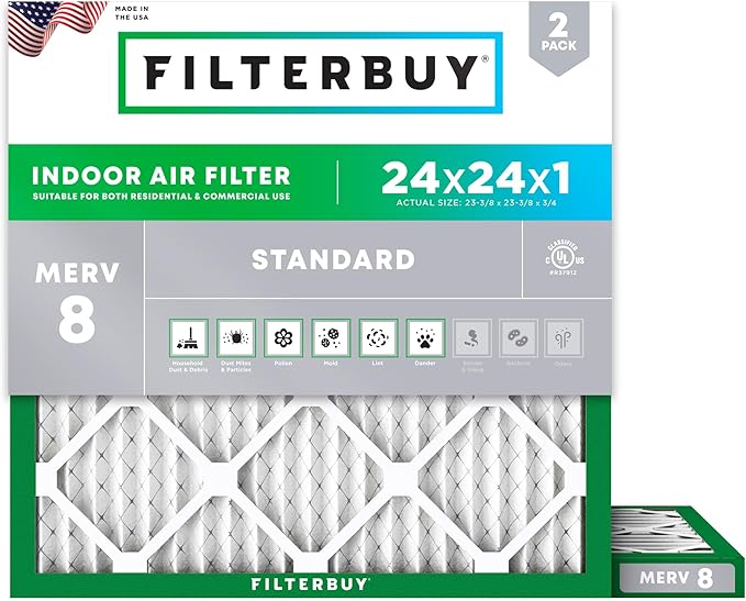 Filterbuy 24x24x1 Air Filter MERV 8 Essential Dust & Allergy Defense,