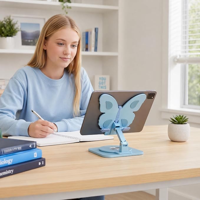 Butterfly Cell Phone Stand for Desk Aluminum Alloy 360° Rotating Phone Holder Height &amp Angle Adjustable Foldable Desktop Dock Universal Anti-Slip for Smartphones Tablets Home Office Travel