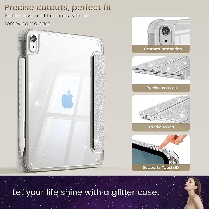 Case for iPad A16 11th/10th Generation 2025/2022 Purple | Glitter Shockproof 10th gen ipad case with Pencil Holder Trifold Stand Auto Wake/Sleep Sparkly ipad a16 case clear