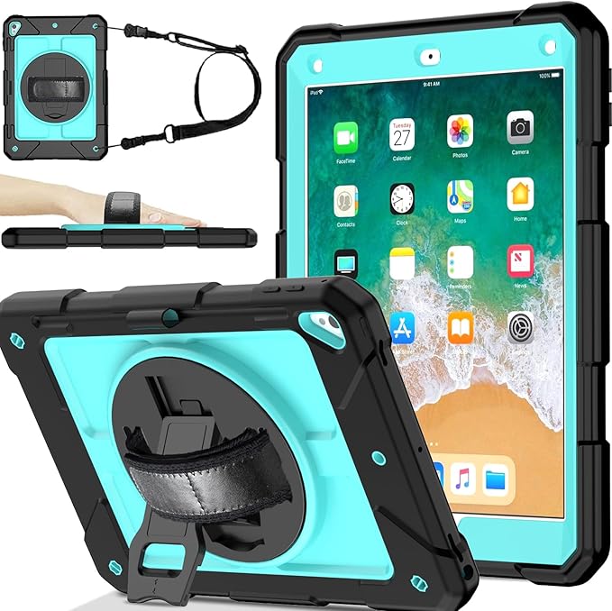 BMOUO Case for iPad 6th/5th Generation Case (9.7 inch 2018/2017) 360°Rotating Stand Hand/Shoulder Strap Shockproof iPad 9.7” Case for iPad Air 2 Black