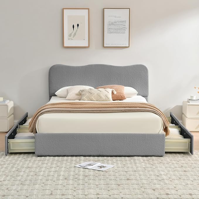 VELOCAVA Full Size Storage Bed with 4 Drawers, Modern Upholstered Bouclé-Textured Platform Frame with Curved Headboard, Rounded Corners, Wood Slats, No Box Spring Needed, Light Gray