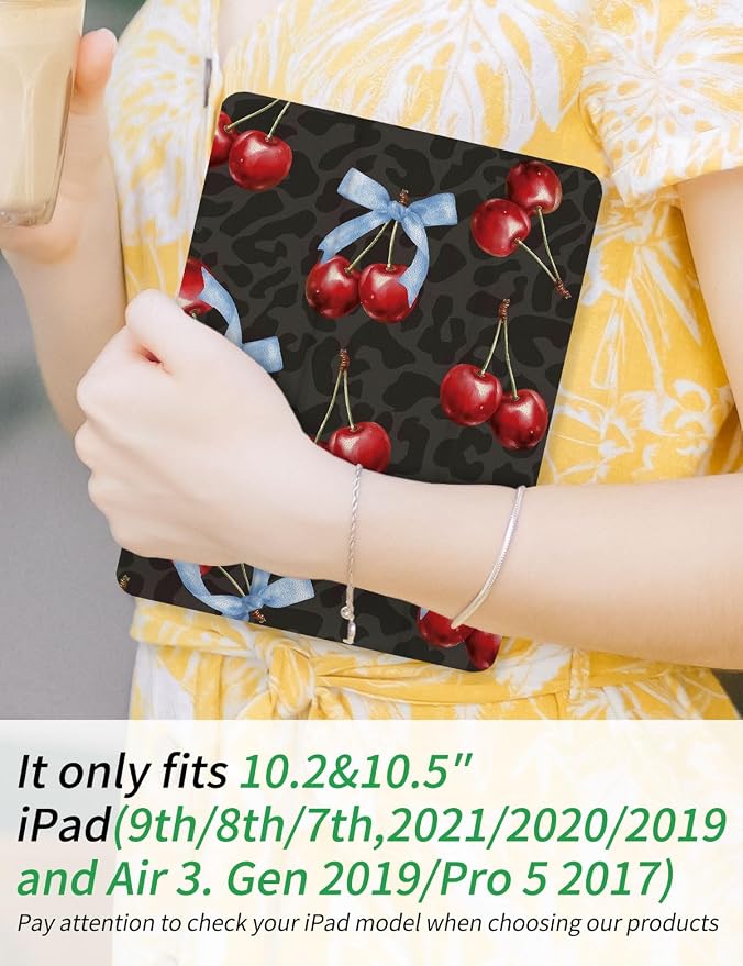 Case for iPad 9th/ 8th/ 7th Generation Case 10.2&amp10.5 Inch (2021/2020/2019 Release) Slim Lightweight Soft Trifold Back Cover with Pencil Holder &amp Auto Sleep/Wake Cover Cherries Cheetah Bows