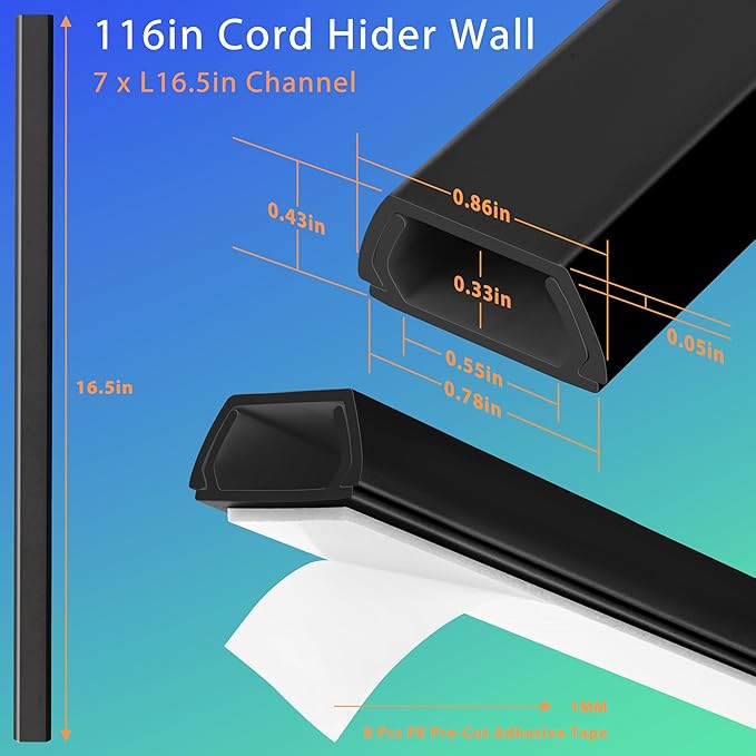 YCLYC Wall Cable Hider Kit, 116in TV Wire Hider for Wall, Paintable Cord Hider Wall, Cord Organizer Hide 1-2 Cords Wall Mounted TV, Wire Cover for Wall, Cord Concealer 7XL16.5 W0.86 H0.43in, Black