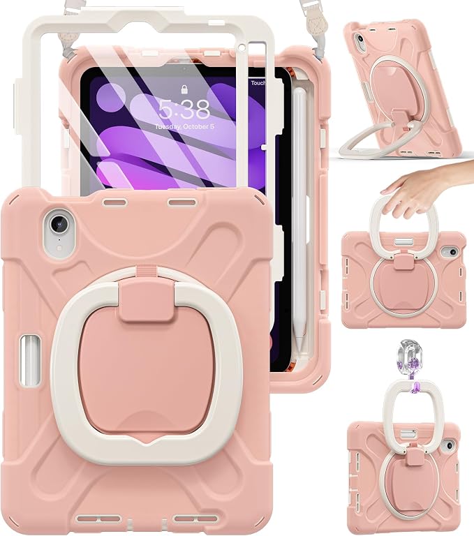 BRAECN Case for iPad mini 7 (A17 Pro) - iPad mini 7th/6th Generation Case | 8.3 Kids-Proof Protective Silicone Cover Screen Protector Pencil Holder Kickstand Handle Grip Shoulder Strap Black