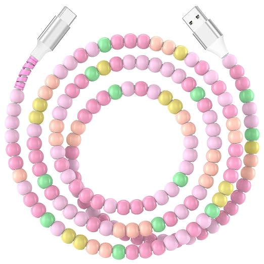 Jelanry 3FT USB-A to USB-C Fast Charging Cable Beaded &ampData Sync Women Girl | Cute kawaii beaded cable for iPhone 17/16/15 Samsung S26/S25/S24 Pixel iPad Fast charge for daily use office &amp tra